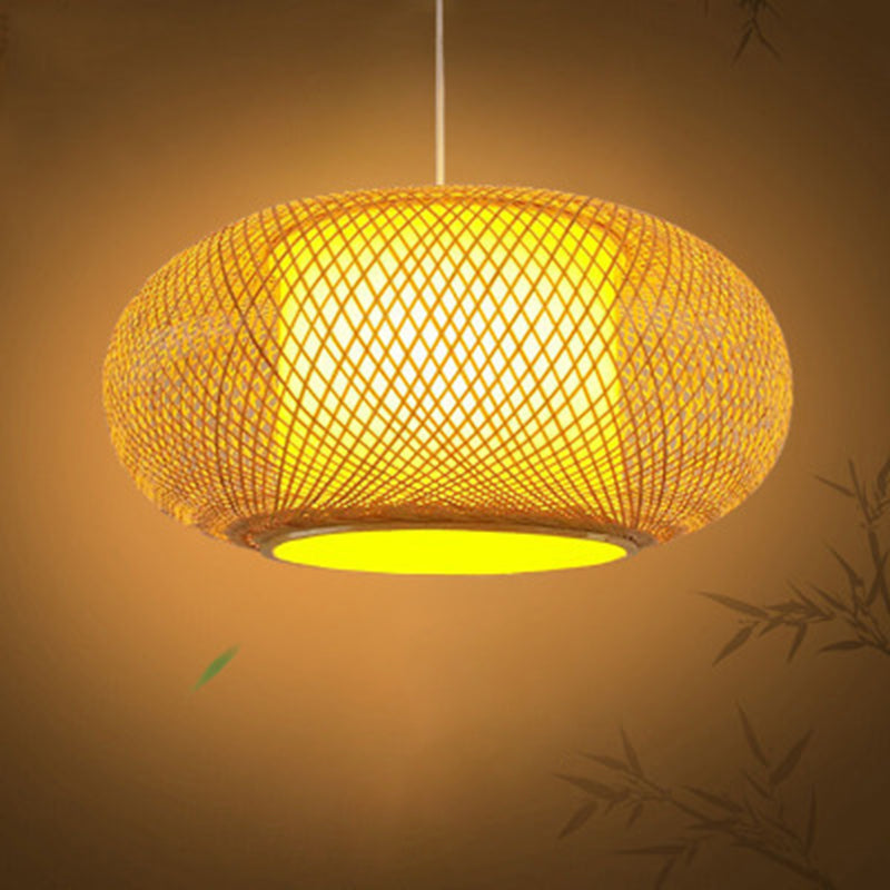 Chinese Drum Pendant Lighting Fixtures Rattan Hanging Light with Hanging Cord for Restaurant