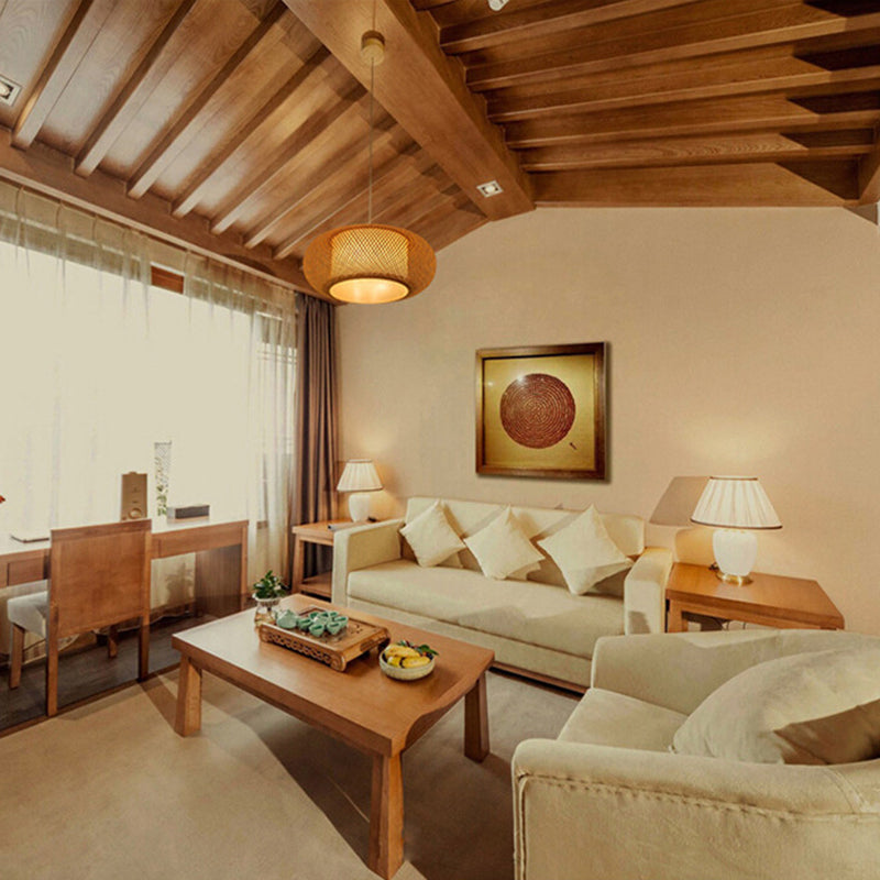 Chinese Drum Pendant Lighting Fixtures Rattan Hanging Light with Hanging Cord for Restaurant