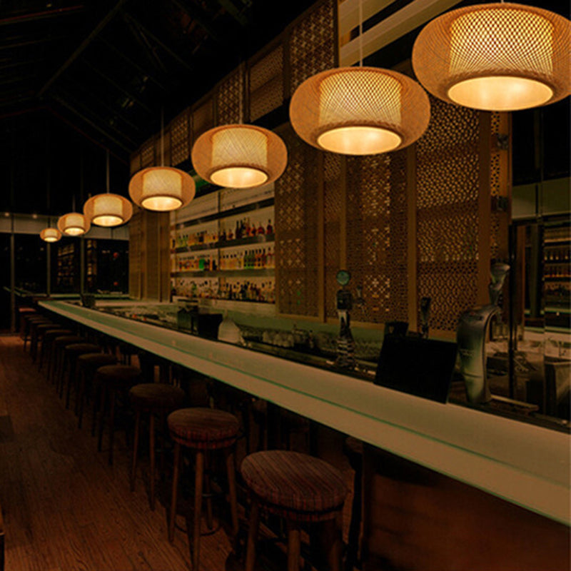 Chinese Drum Pendant Lighting Fixtures Rattan Hanging Light with Hanging Cord for Restaurant