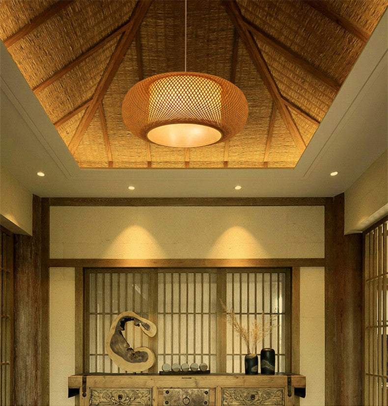 Chinese Drum Pendant Lighting Fixtures Rattan Hanging Light with Hanging Cord for Restaurant