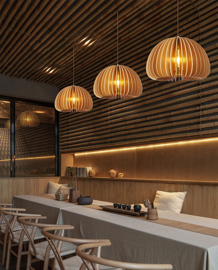 1 Light Pumpkin Hanging Ceiling Lights Creative Modern Wood Pendant for Clothing Store