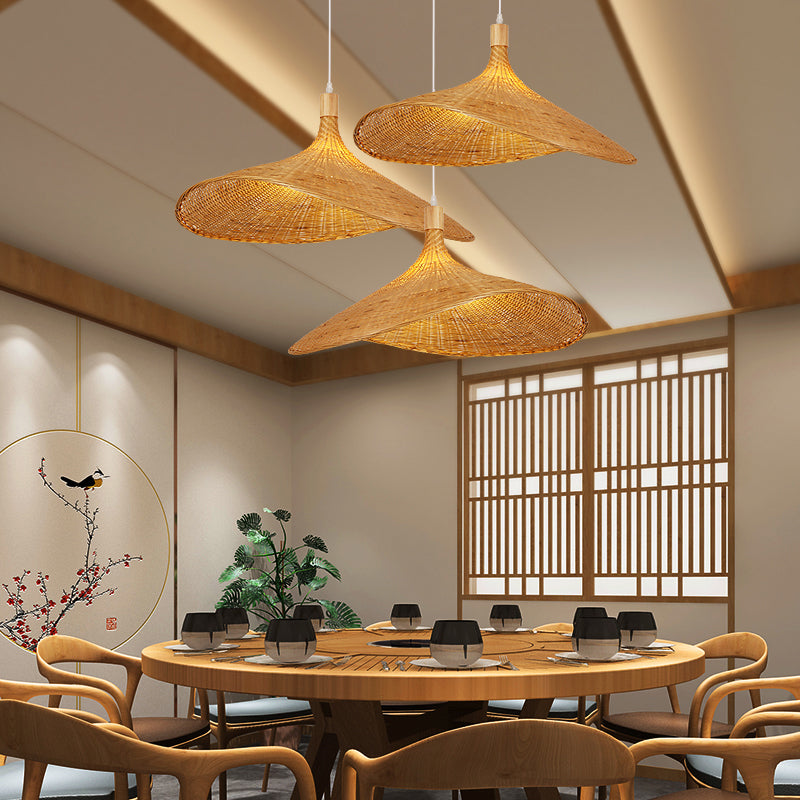 Shaded Pendant Lighting Fixture Asia-Style Bamboo Beige Suspension Pendant Light