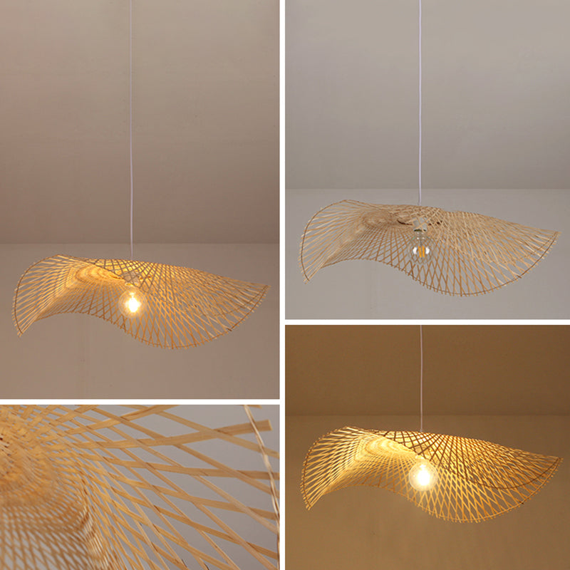 Shaded Pendant Lighting Fixture Asia-Style Bamboo Beige Suspension Pendant Light