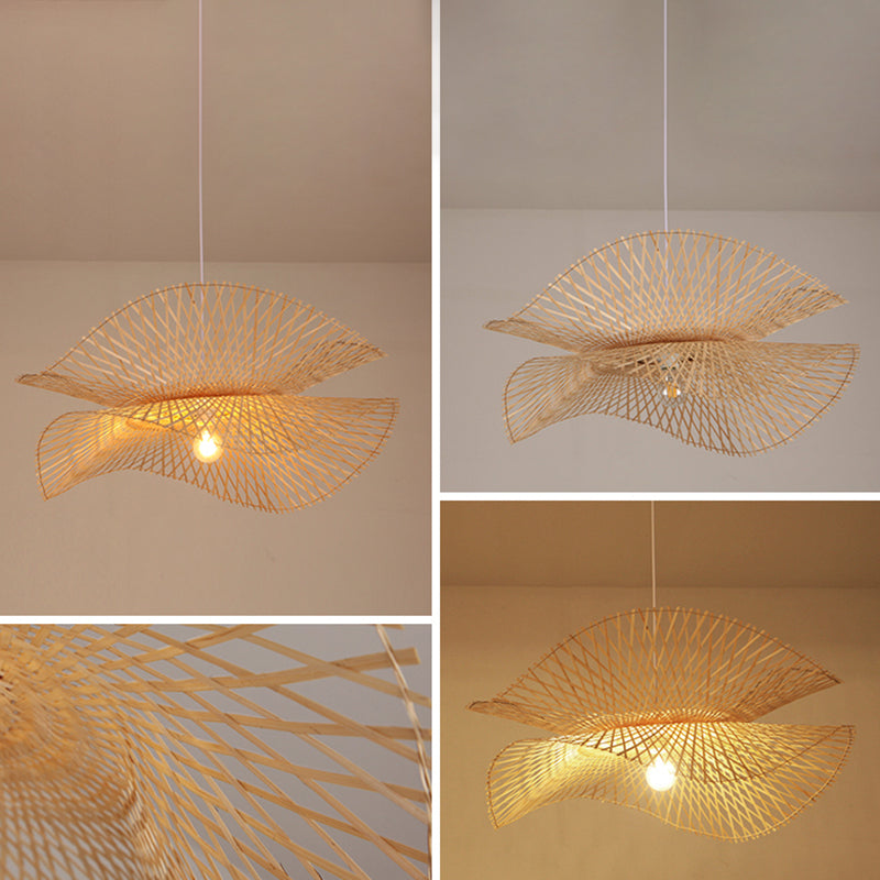 Shaded Pendant Lighting Fixture Asia-Style Bamboo Beige Suspension Pendant Light