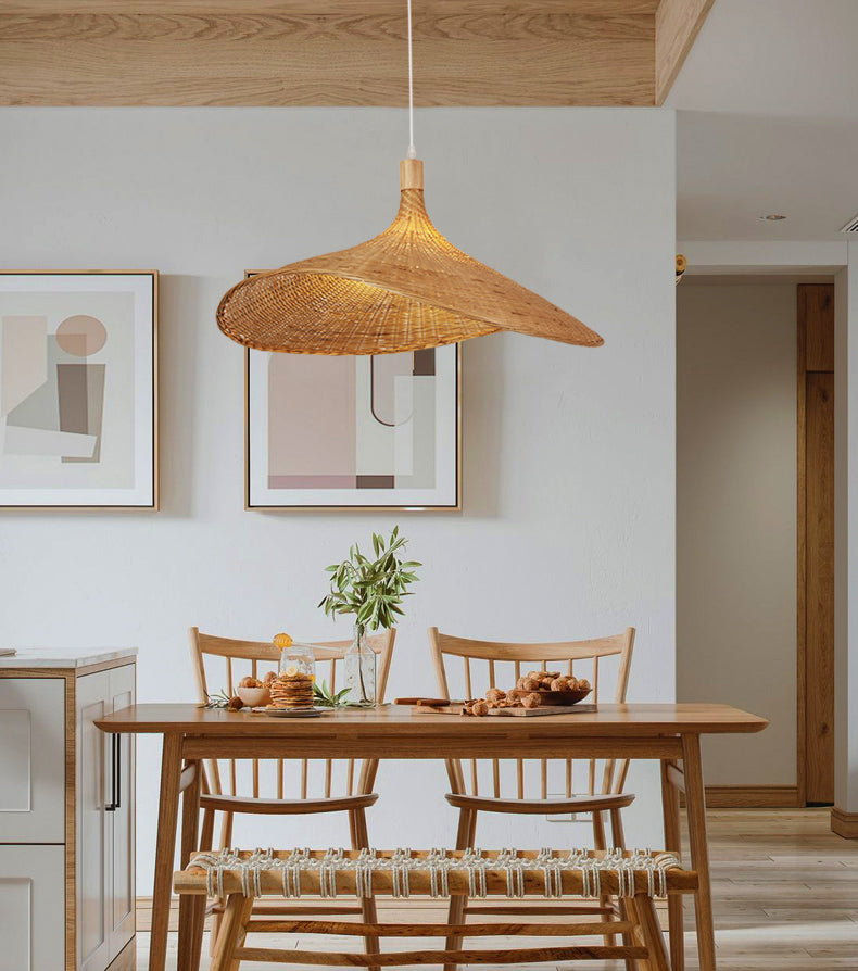 Shaded Pendant Lighting Fixture Asia-Style Bamboo Beige Suspension Pendant Light