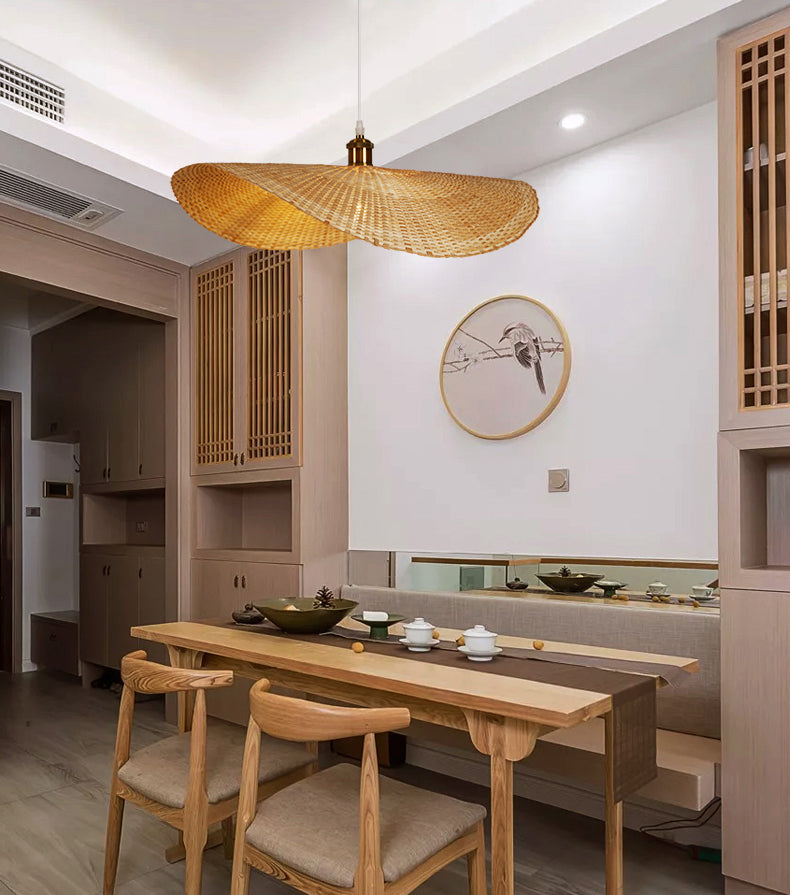 Shaded Pendant Lighting Fixture Asia-Style Bamboo Beige Suspension Pendant Light