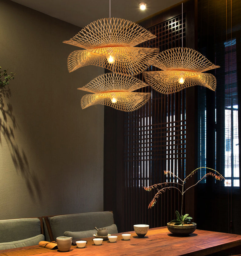 Shaded Pendant Lighting Fixture Asia-Style Bamboo Beige Suspension Pendant Light