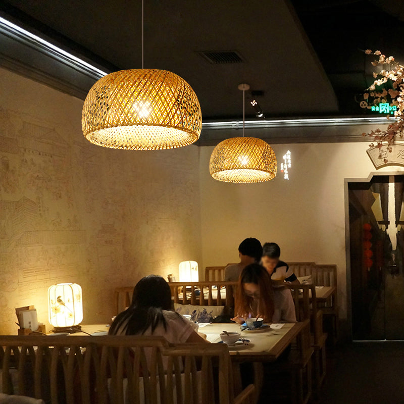 Asia Style Half-Circle Pendant Lighting Fixture Rattan Restaurant Pendant Light Kit in Beige