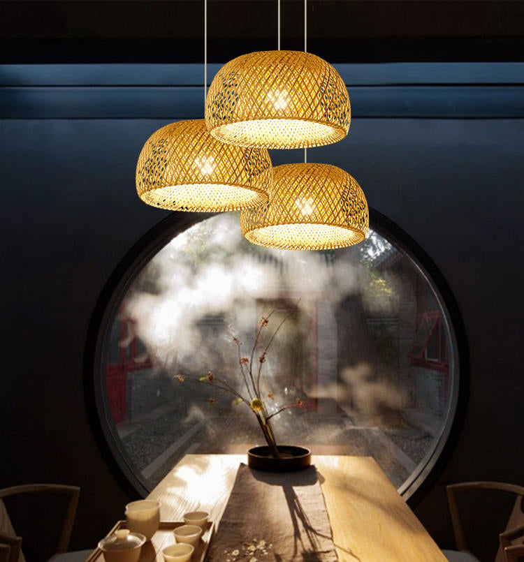 Asia Style Half-Circle Pendant Lighting Fixture Rattan Restaurant Pendant Light Kit in Beige