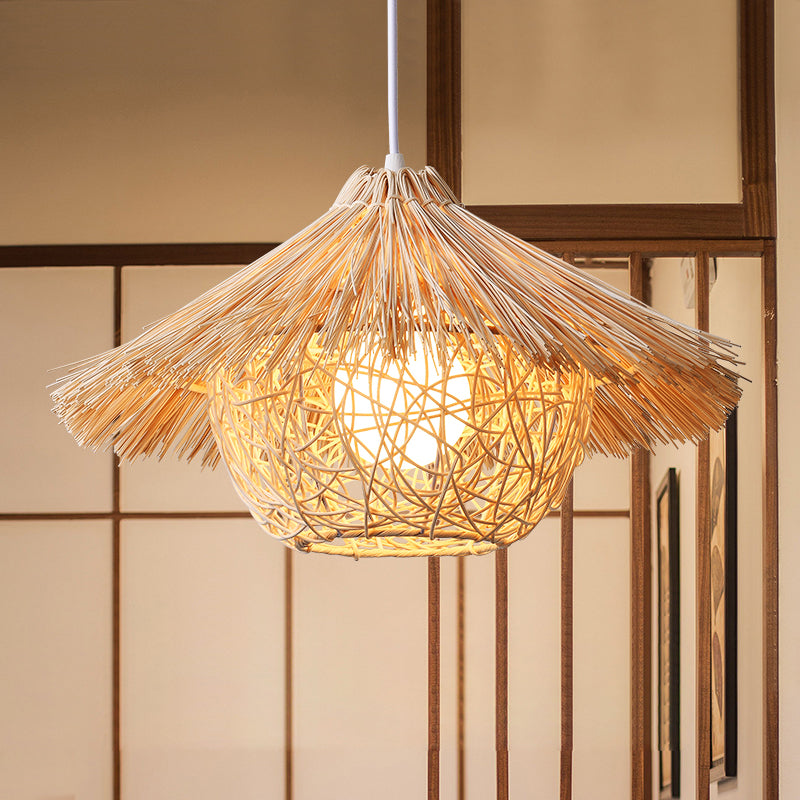 Rattan Nest-Shaped Pendant Light Fixture Asia Style Hanging Ceiling Light for Restaurant
