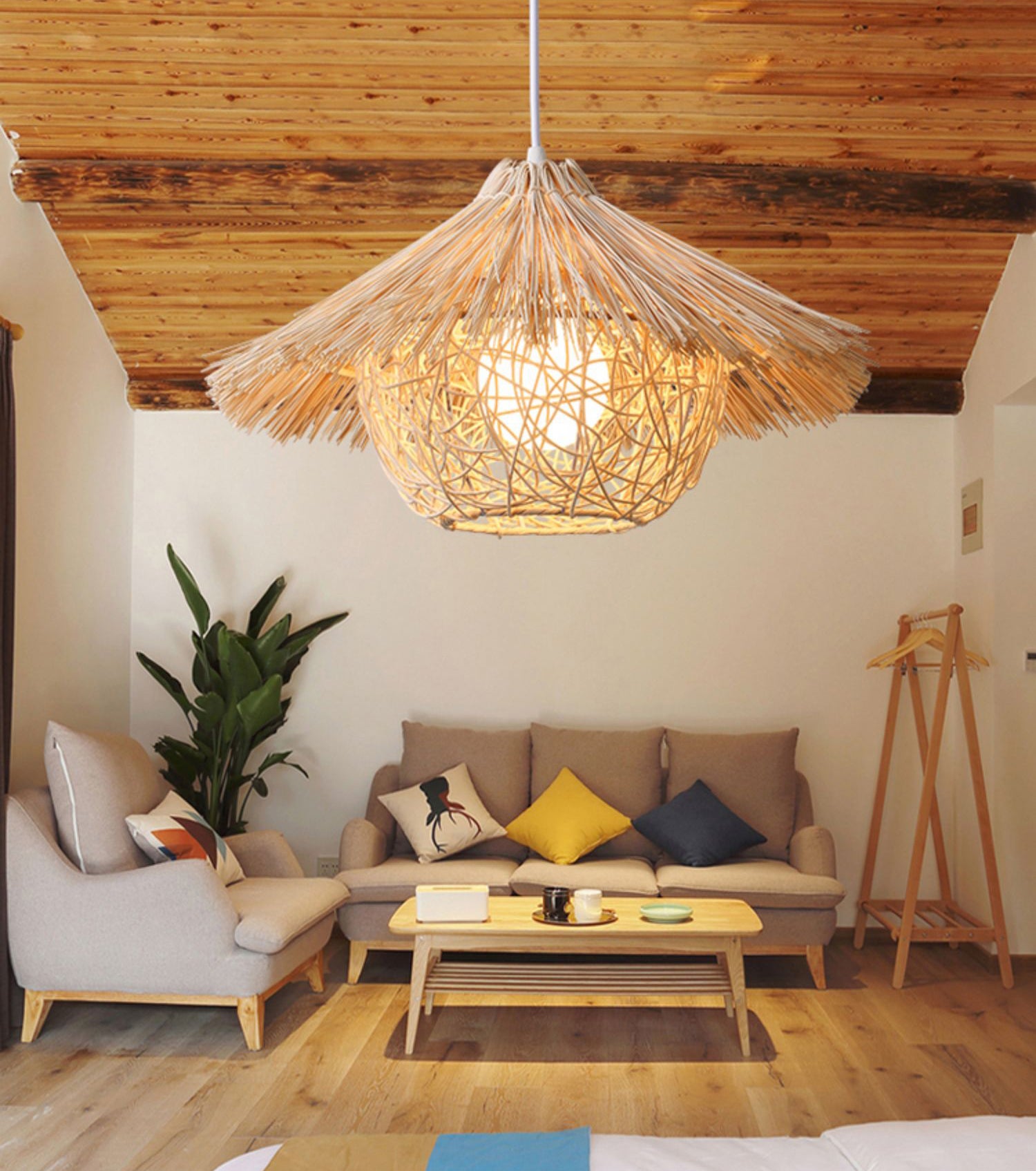 Rattan Nest-Shaped Pendant Light Fixture Asia Style Hanging Ceiling Light for Restaurant