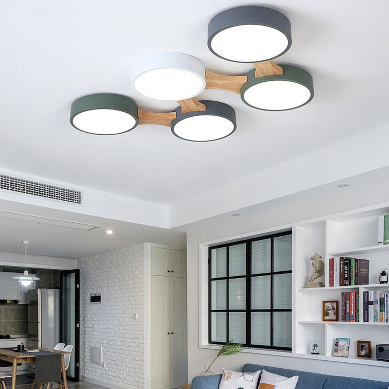 Plafonnier LED Macaron en bois de style créatif moderne, plafonnier circulaire en fer forgé avec abat-jour en acrylique