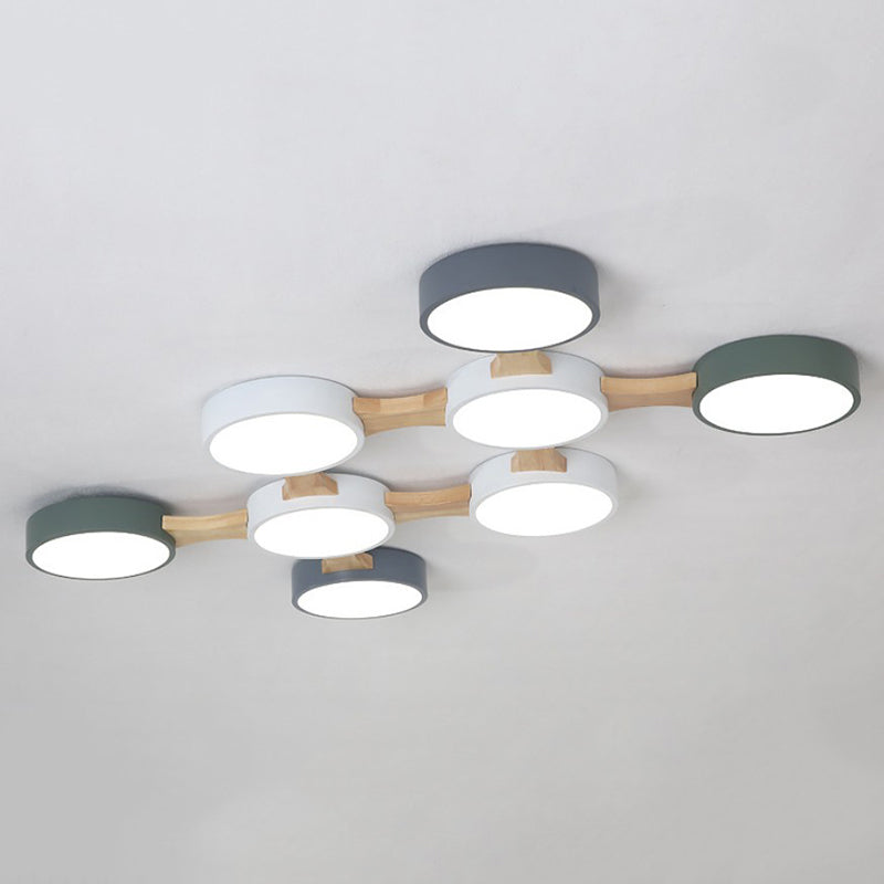 Plafonnier LED Macaron en bois de style créatif moderne, plafonnier circulaire en fer forgé avec abat-jour en acrylique
