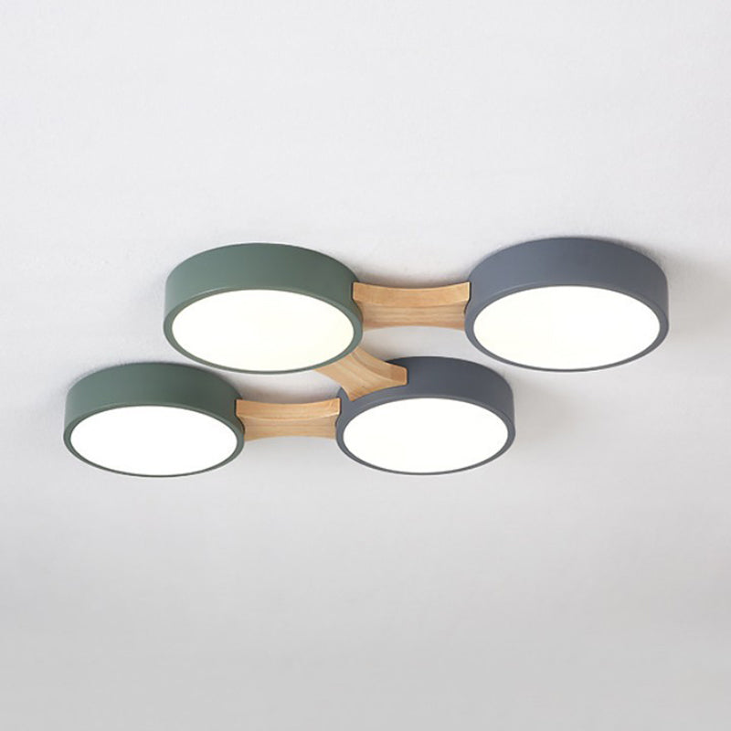 Plafonnier LED Macaron en bois de style créatif moderne, plafonnier circulaire en fer forgé avec abat-jour en acrylique