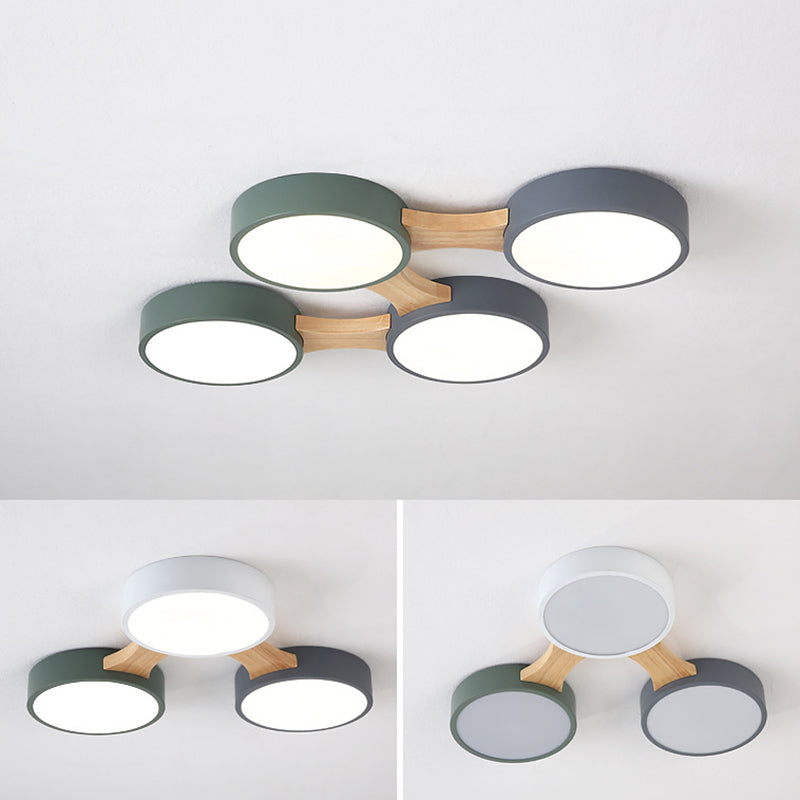 Plafonnier LED Macaron en bois de style créatif moderne, plafonnier circulaire en fer forgé avec abat-jour en acrylique