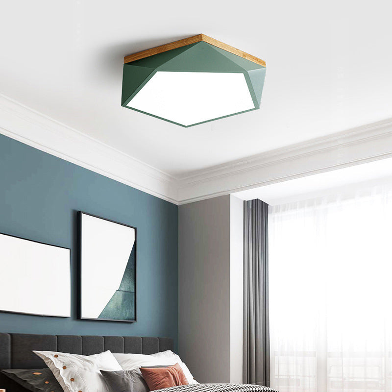 Wooden Geometric LED Ceiling Light in Modern Minimalist Style Wrought Iron Macaron Flush Mount with Acrylic Shade