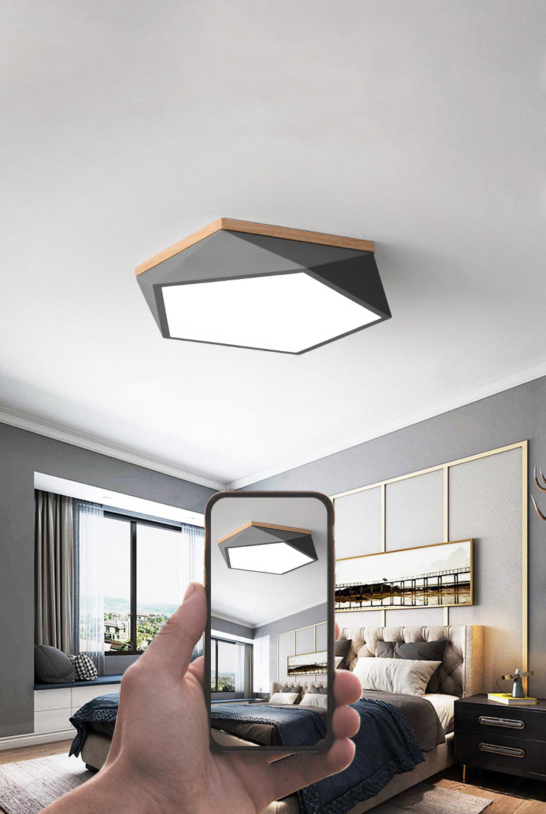 Wooden Geometric LED Ceiling Light in Modern Minimalist Style Wrought Iron Macaron Flush Mount with Acrylic Shade