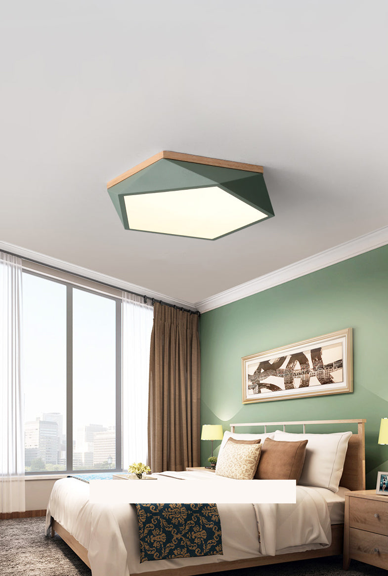 Wooden Geometric LED Ceiling Light in Modern Minimalist Style Wrought Iron Macaron Flush Mount with Acrylic Shade