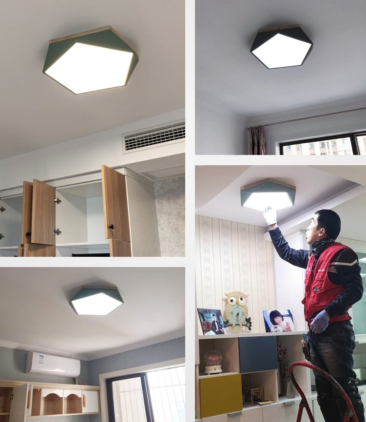 Wooden Geometric LED Ceiling Light in Modern Minimalist Style Wrought Iron Macaron Flush Mount with Acrylic Shade