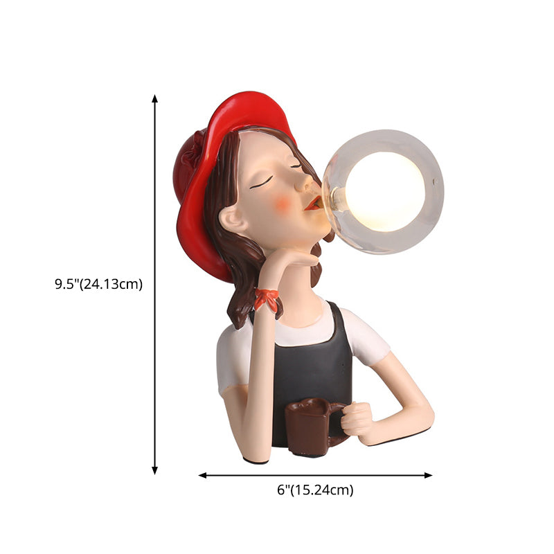 Resin Girl Statue Table Lamp Creative Modern 1-Light Night Light with Ball Glass Shade