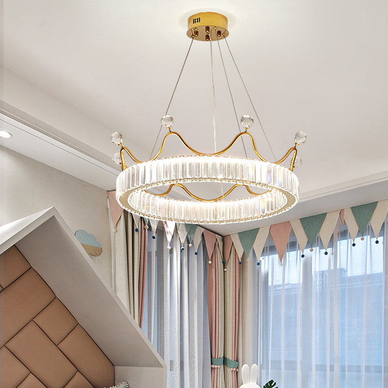 Beveled K9 Crystal Gold Pendant Light Crown Contemporary LED Ceiling Light for Bedroom
