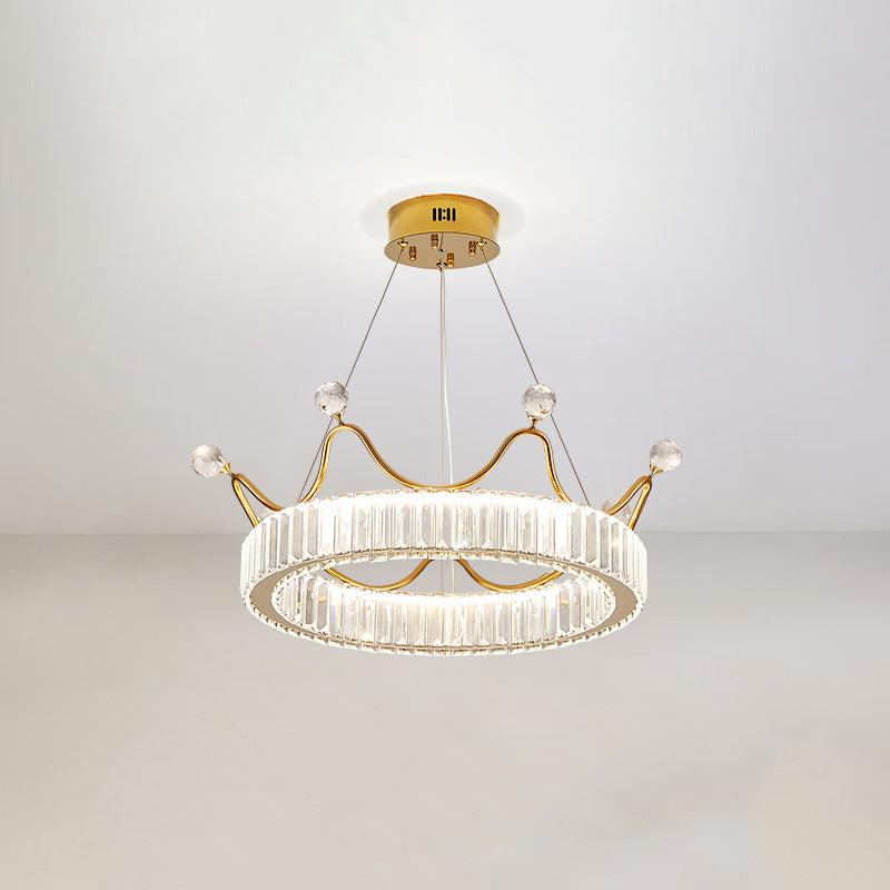 Beveled K9 Crystal Gold Pendant Light Crown Contemporary LED Ceiling Light for Bedroom