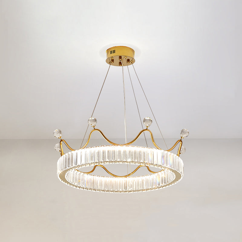 Beveled K9 Crystal Gold Pendant Light Crown Contemporary LED Ceiling Light for Bedroom