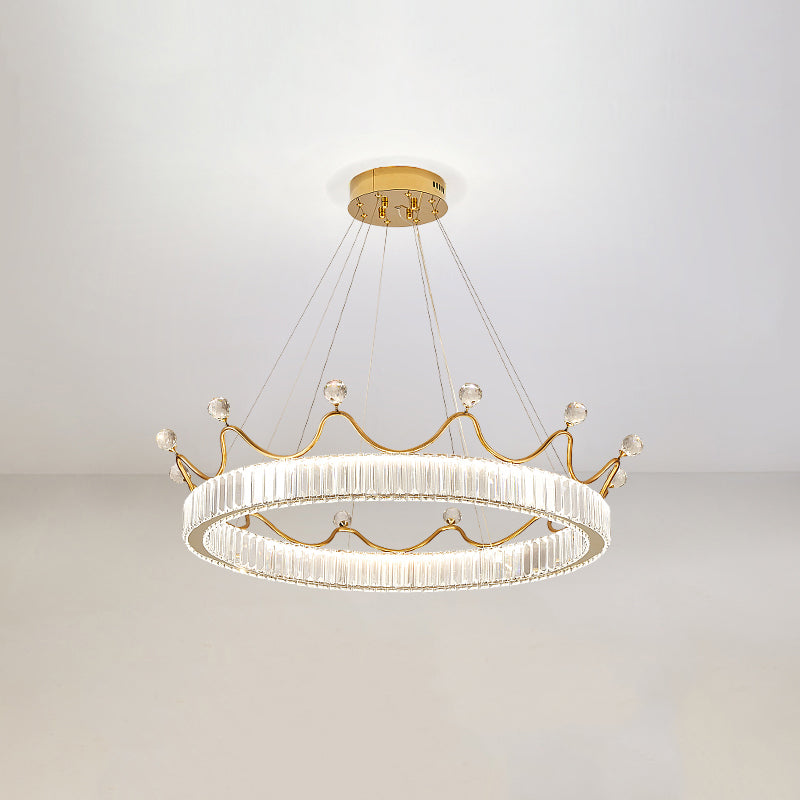Beveled K9 Crystal Gold Pendant Light Crown Contemporary LED Ceiling Light for Bedroom