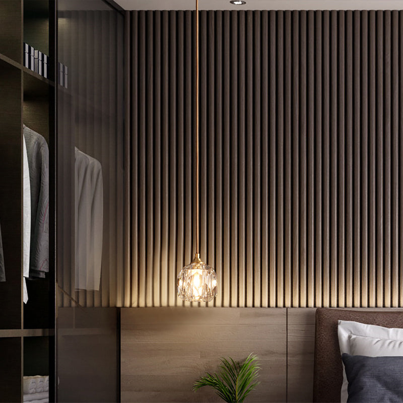 Gold Single Pendant Light in Modern Luxury Style Copper Globe Hanging Lamp with Crystal Shade