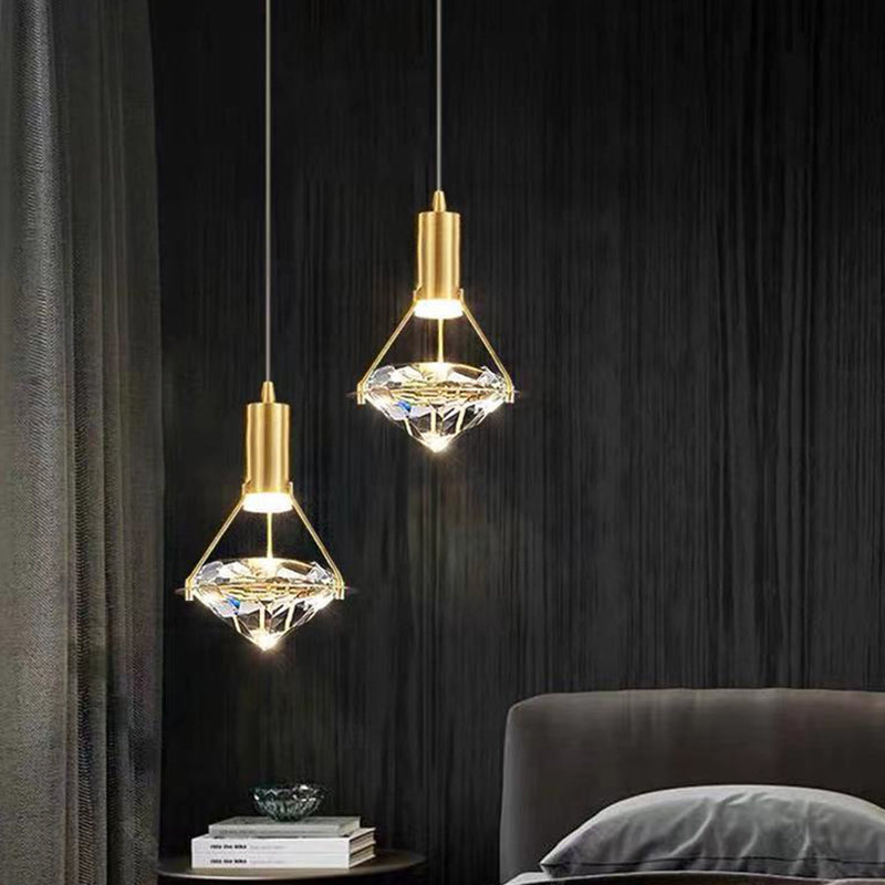 Brass Crystal LED Pendant Light in Modern Luxury Style Copper Geometric Hanging Lamp for Bedroom