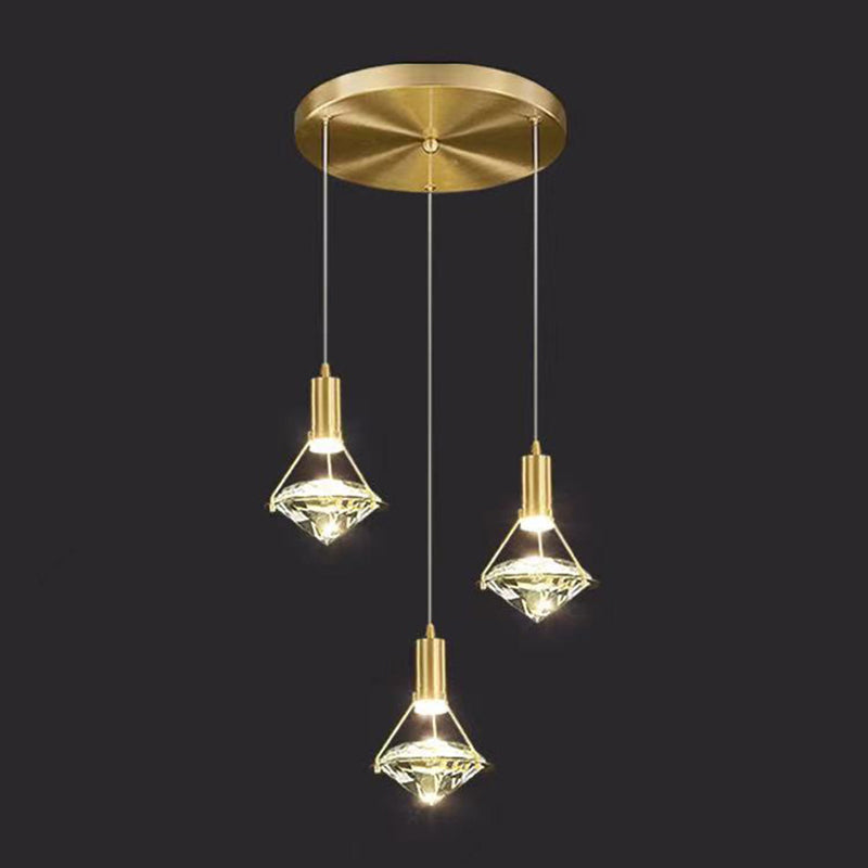Brass Crystal LED Pendant Light in Modern Luxury Style Copper Geometric Hanging Lamp for Bedroom