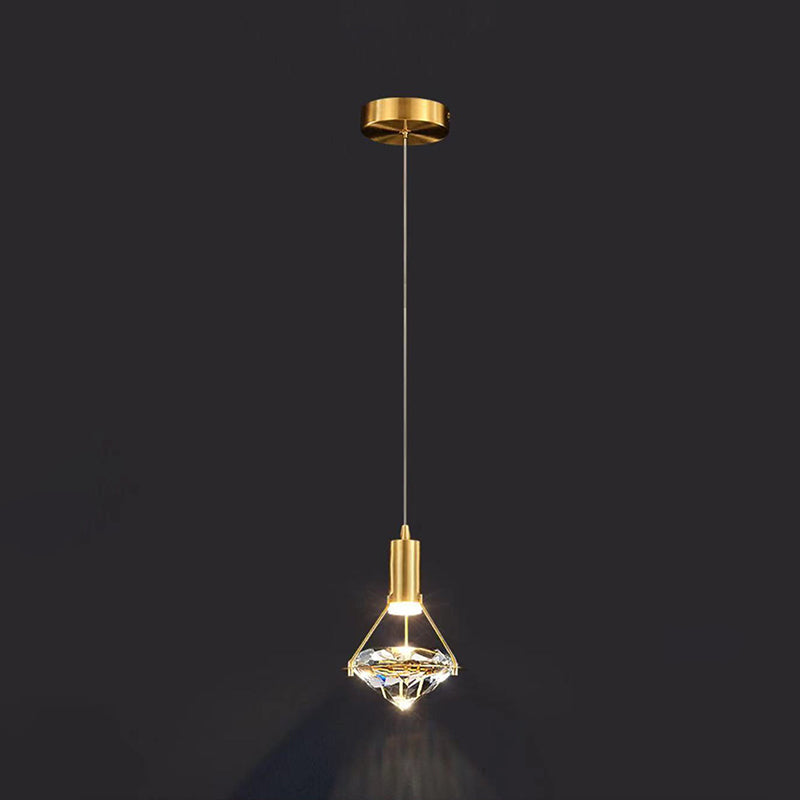 Brass Crystal LED Pendant Light in Modern Luxury Style Copper Geometric Hanging Lamp for Bedroom