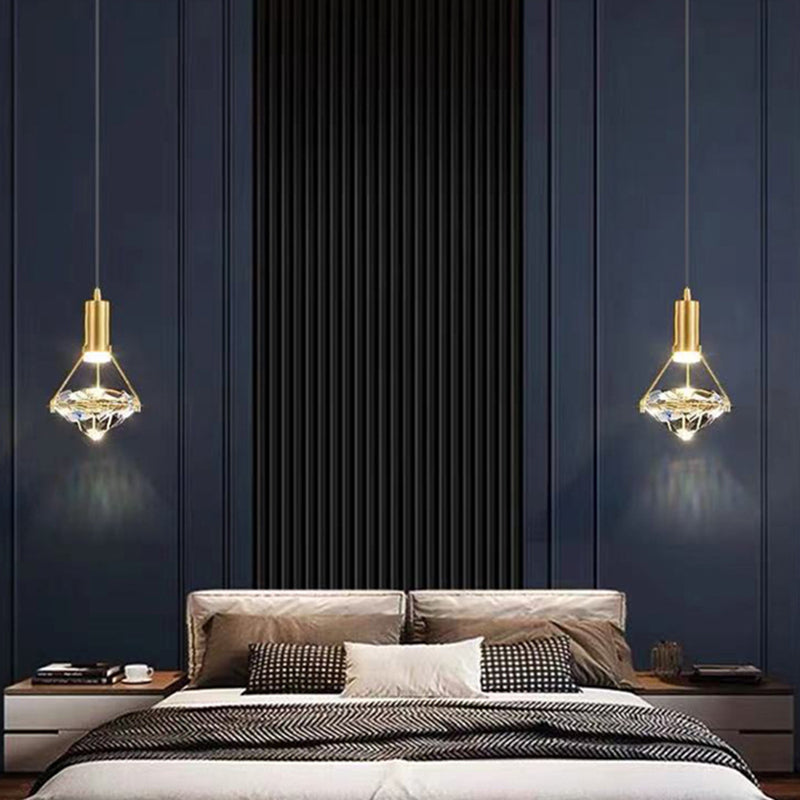 Brass Crystal LED Pendant Light in Modern Luxury Style Copper Geometric Hanging Lamp for Bedroom