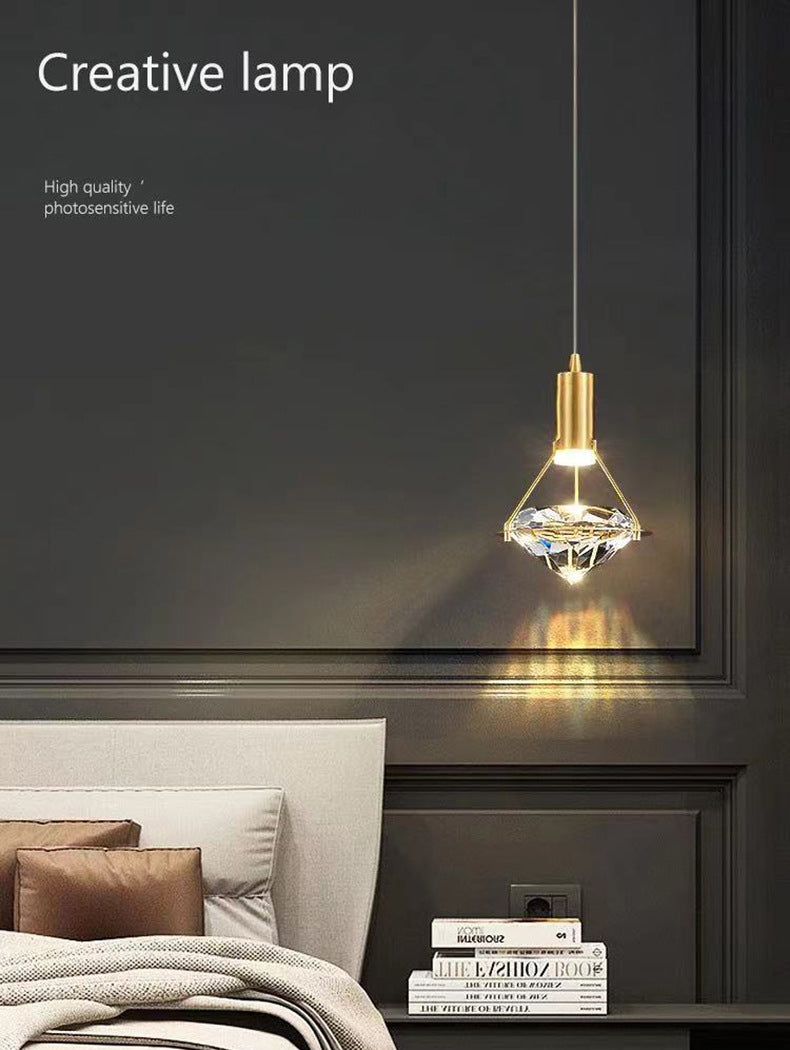 Brass Crystal LED Pendant Light in Modern Luxury Style Copper Geometric Hanging Lamp for Bedroom