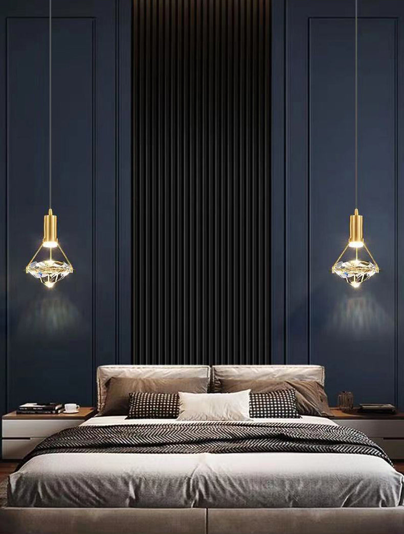 Brass Crystal LED Pendant Light in Modern Luxury Style Copper Geometric Hanging Lamp for Bedroom