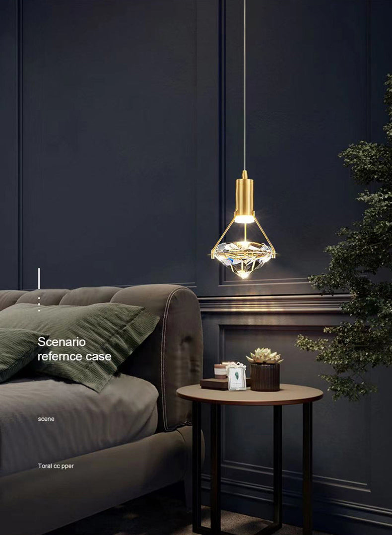 Brass Crystal LED Pendant Light in Modern Luxury Style Copper Geometric Hanging Lamp for Bedroom