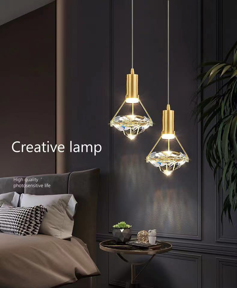Brass Crystal LED Pendant Light in Modern Luxury Style Copper Geometric Hanging Lamp for Bedroom