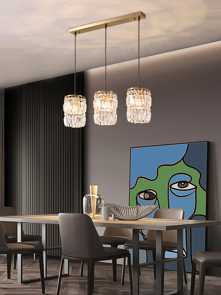 Luz colgante de LED de cristal en la moderna lámpara colgante cilíndrica de hierro forjado para el comedor