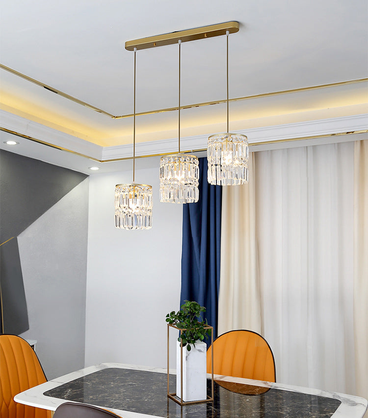 Luz colgante de LED de cristal en la moderna lámpara colgante cilíndrica de hierro forjado para el comedor