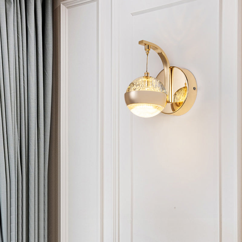 Bedroom Sconce Light Fixture Modern Style Gold LED Wall Lighting Fixture with Round Crystal Shade