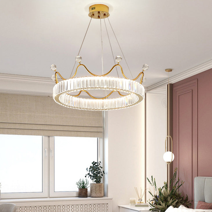Beveled K9 Crystal Gold Pendant Light Crown Contemporary LED Ceiling Light for Bedroom