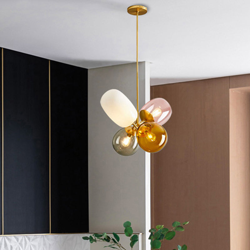 Lampadario a soffitto in vetro ambra sferico sferico contemporaneo 4 luci appesi kit di luce in ottone
