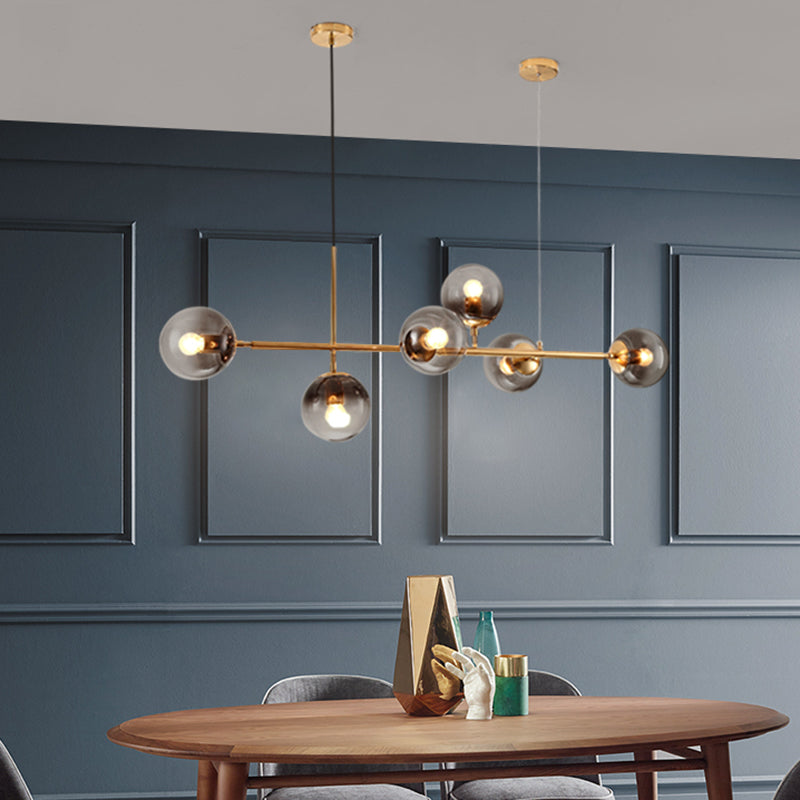 1 Light Dining Room Island Lamp Minimalist Brass Chandelier Lighting with Round Smoke Gray Glass Shade