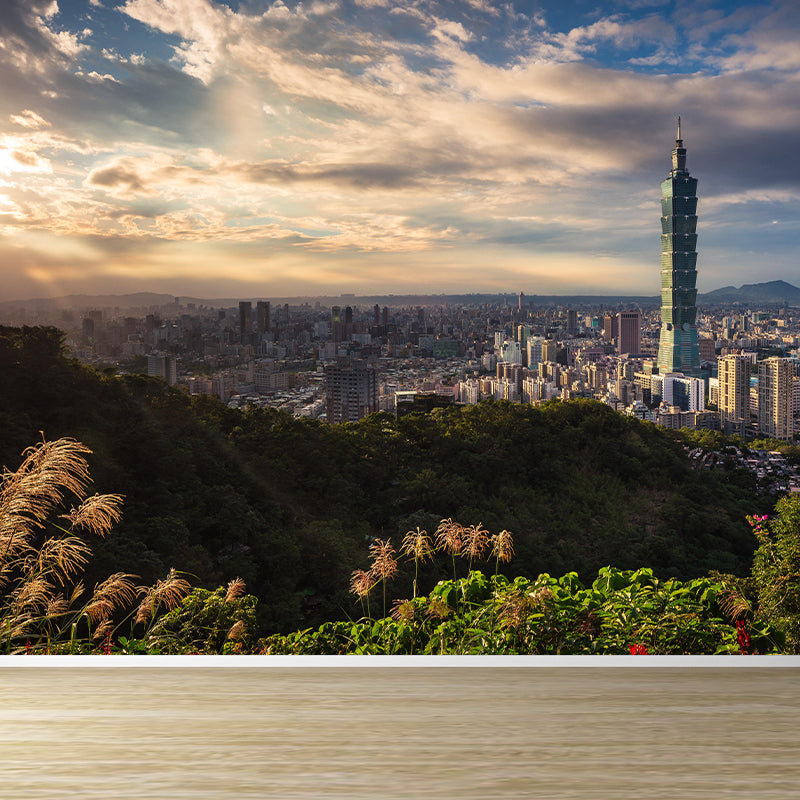 Urban City View Mural Bright Modern Stain Resistant Wall Covering for Living Room