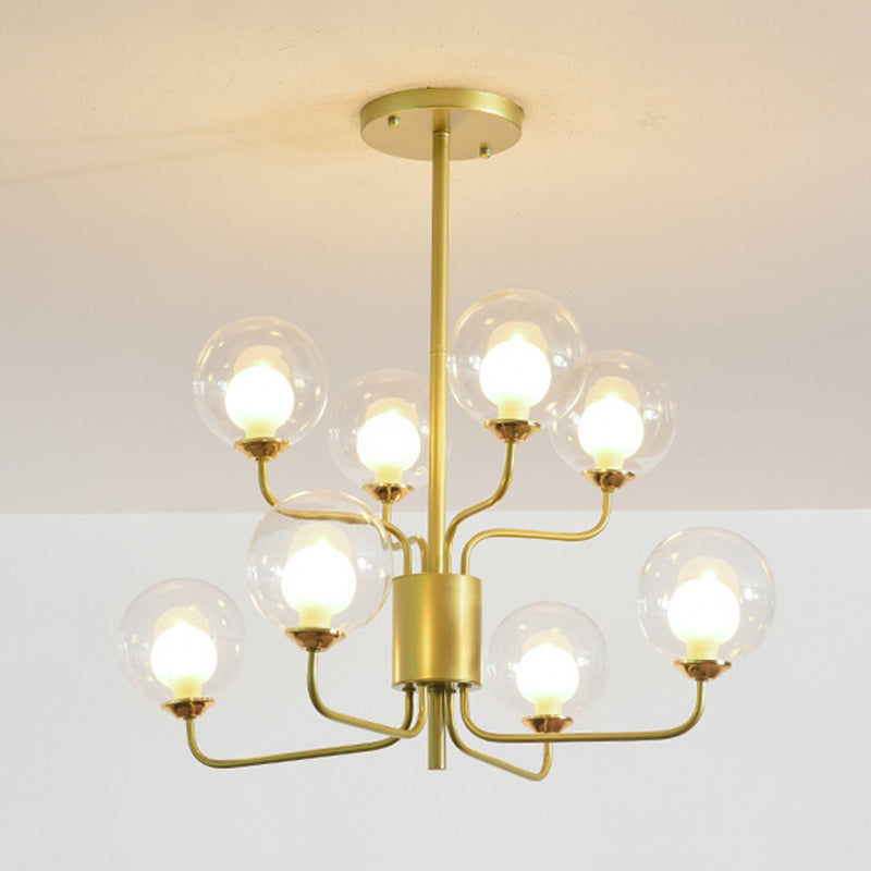 Spherical Bedroom Semi Flush Lighting Clear Glass 8 Lights Minimalist Close to Ceiling Lamp in Black/Gold