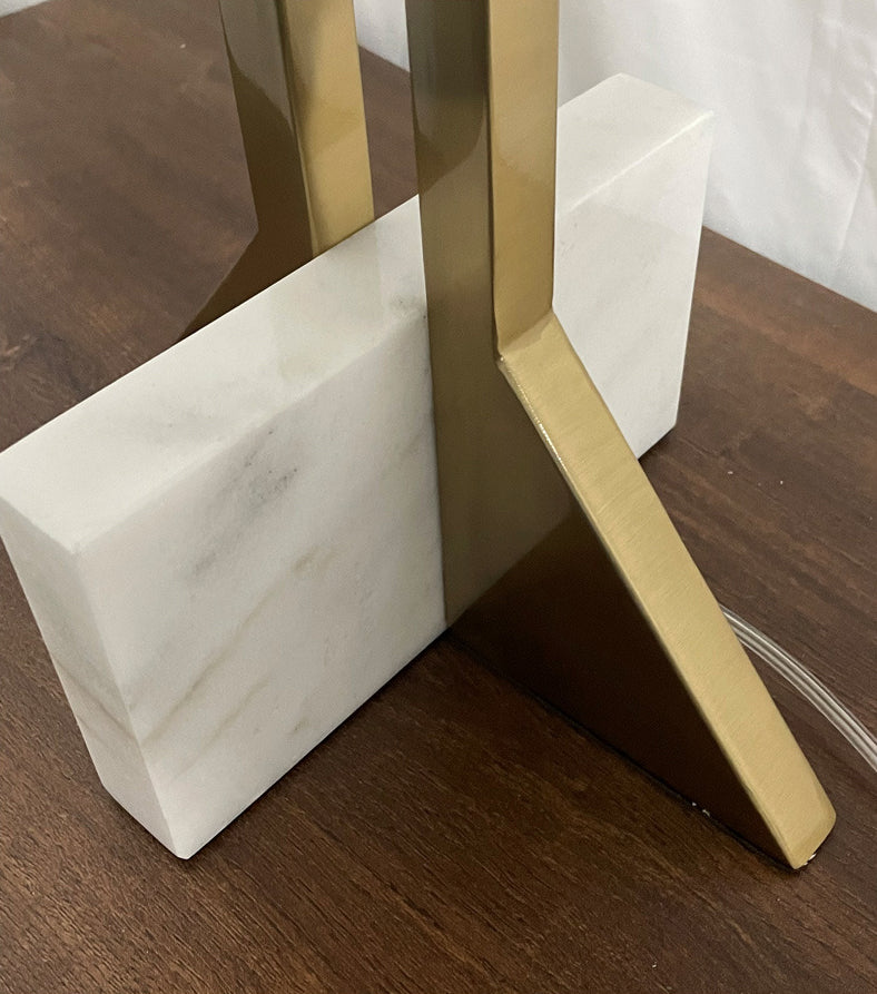 Round LED Table Lamp Postmodern Metal Black and Gold Nightstand Light with Marble Quadpod