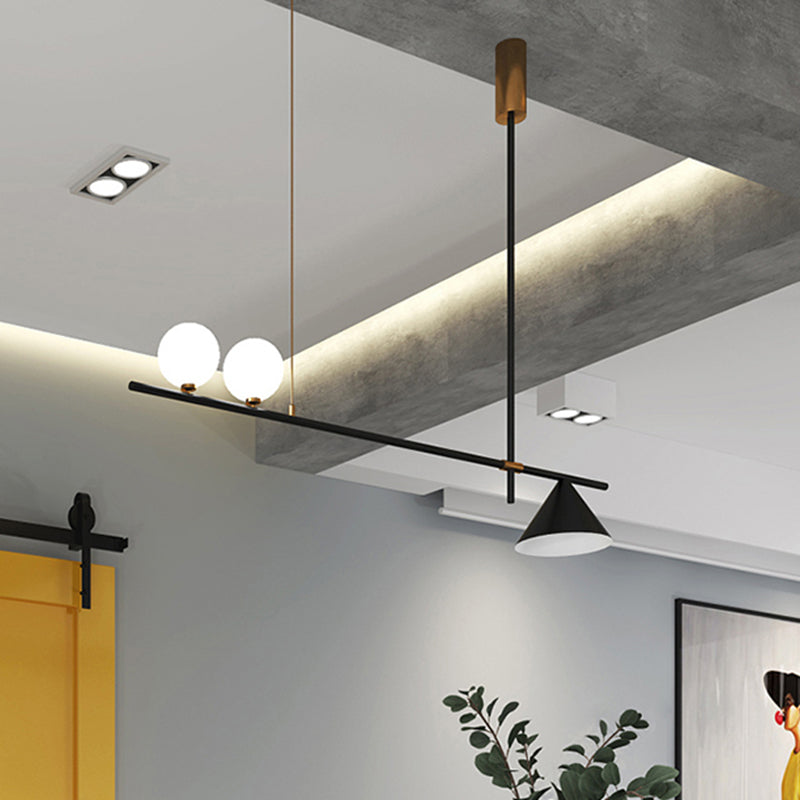 Metal Conical Island Lamp Contemporary 2 Lights Hanging Light in Black with Opal Glass Shade