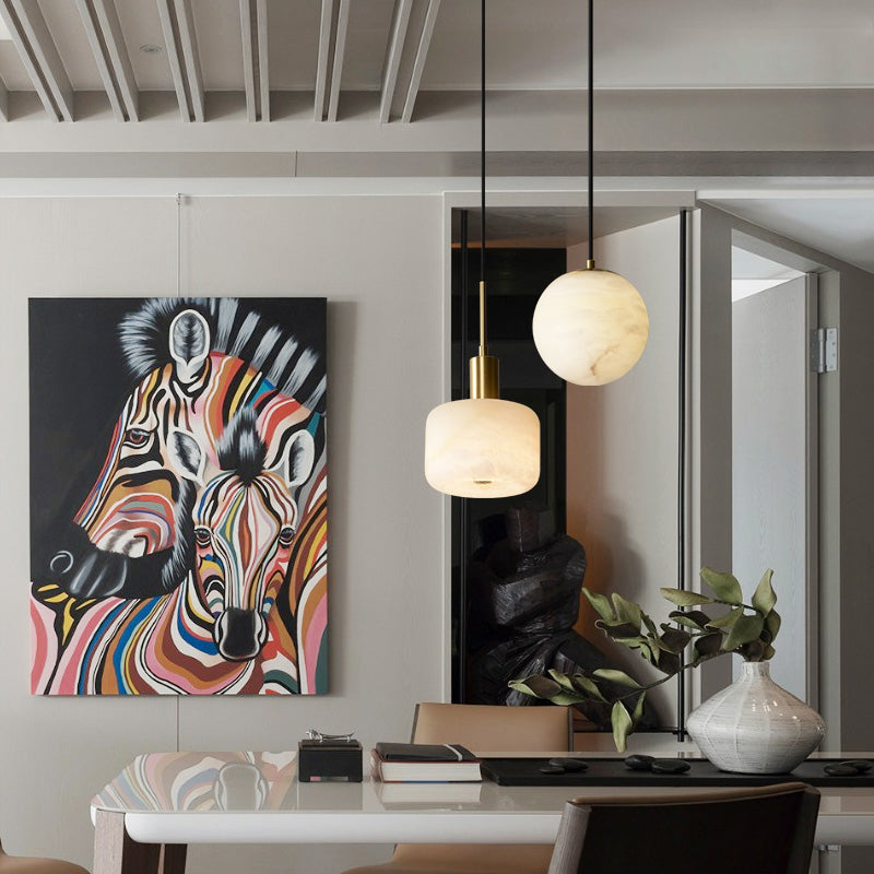 Shaded Bedroom Suspension Pendant Light Stone Modern Style Hanging Light Fixture in White