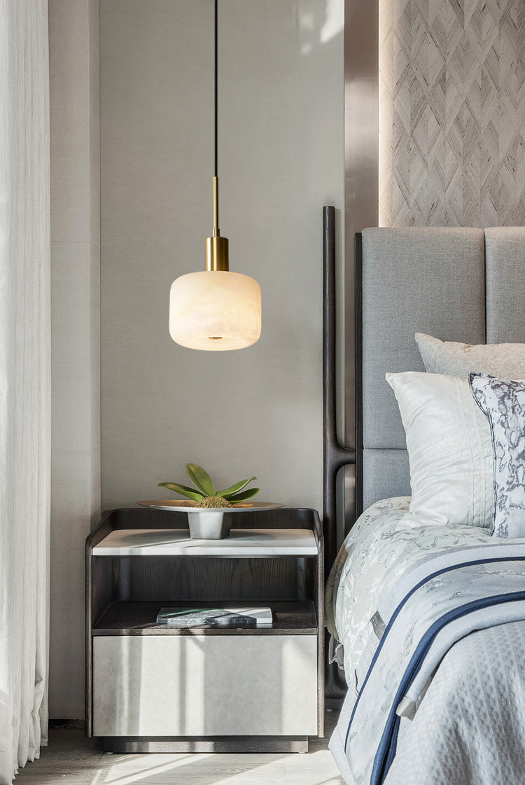 Shaded Bedroom Suspension Pendant Light Stone Modern Style Hanging Light Fixture in White