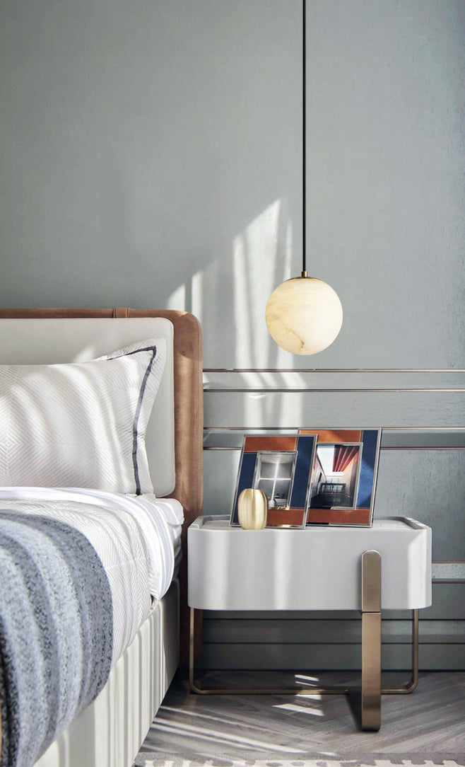 Shaded Bedroom Suspension Pendant Light Stone Modern Style Hanging Light Fixture in White